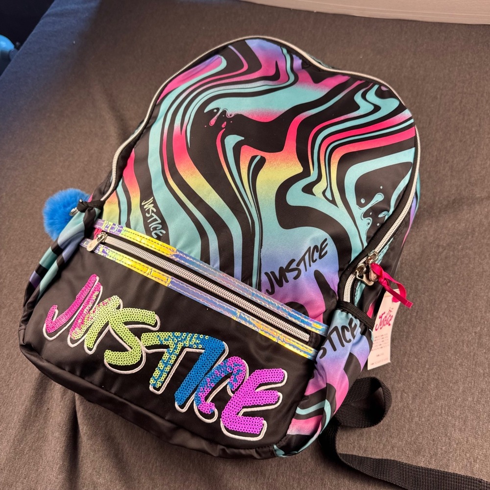 Justice Girls Backpack Black Neon Swirl Sequined Logo Pom Pom NWT
